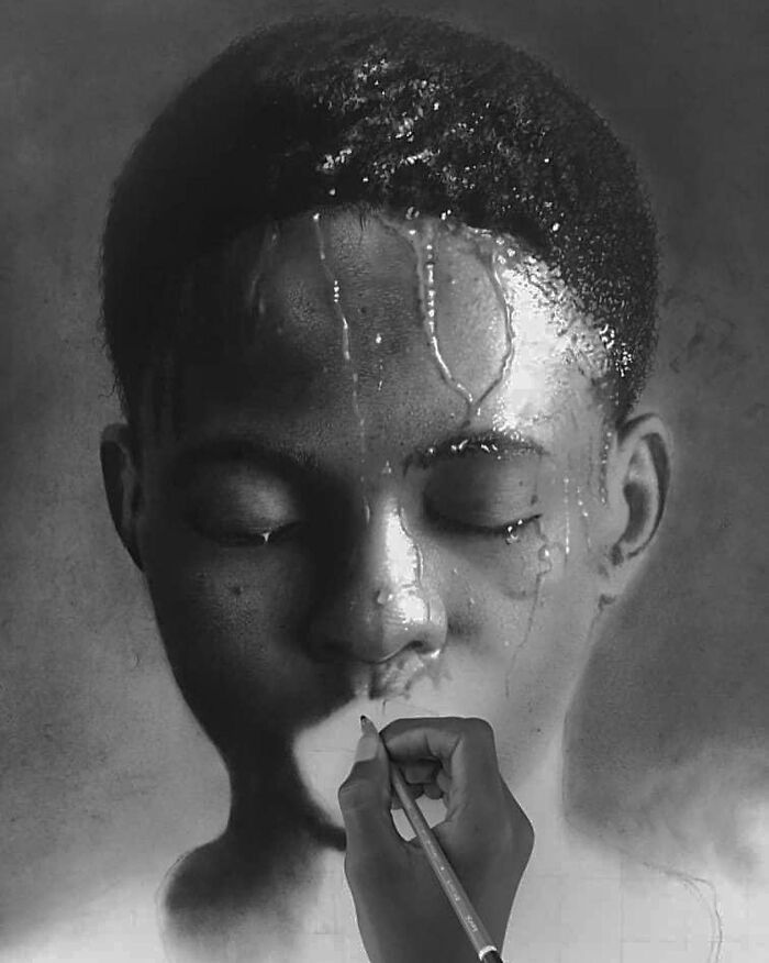 Artist creating hyperrealistic portrait with pencil, capturing detailed water droplets and lifelike facial features in black and white.