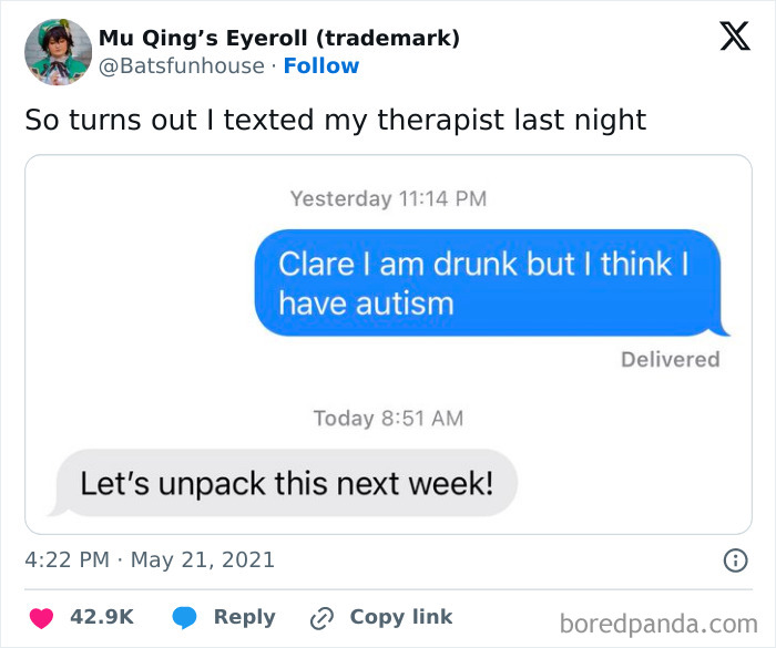 Text message screenshot showing a humorous conversation with a therapist, perfect for people needed to screenshot hilarious texts.