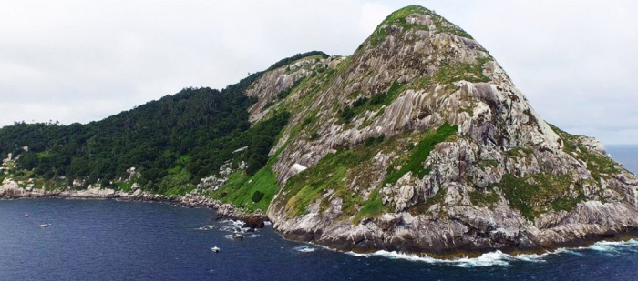 Rocky island covered with vegetation surrounded by ocean, one of the forbidden places on Earth rarely visited by people.