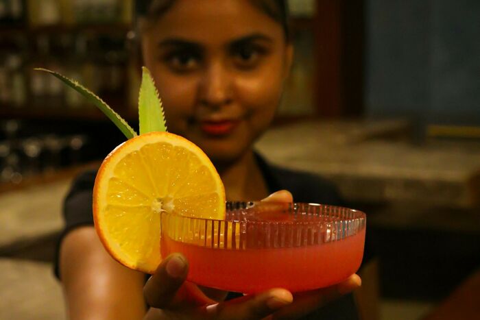 Person holding a cocktail with an orange slice and aloe leaf garnish, inviting viewers to cast their vote on the right thing.