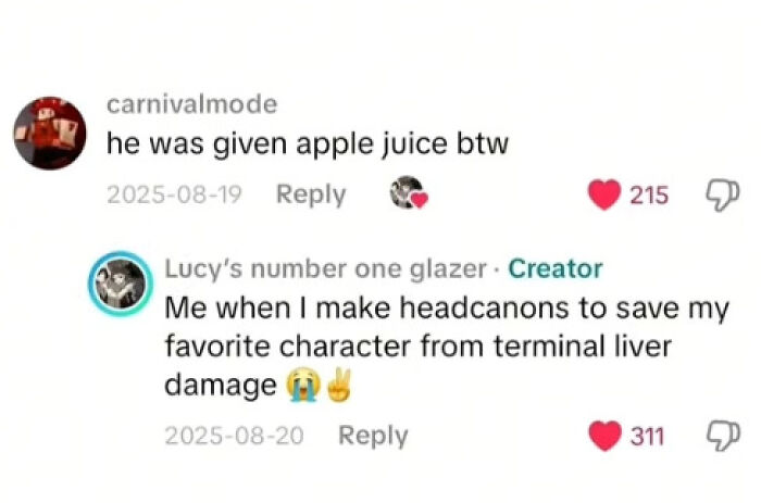 TikTok comments showing weird and funny interactions about headcanons and apple juice in an unhinged exchange.