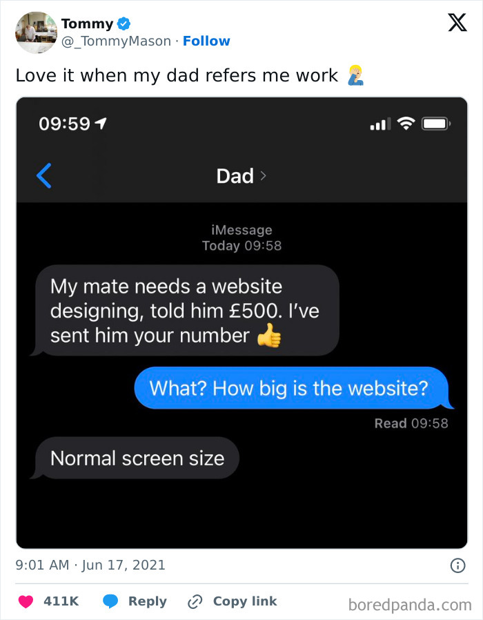 Screenshot of a hilarious text conversation about website designing shared to make others laugh too.