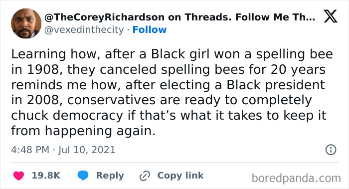 posts aged like wine - screenshot of a social media post about 1908 spelling bee cancellation and 2008 election, 19.8K likes