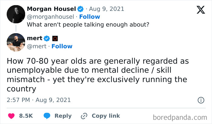 Tweet highlighting ageism and skill mismatch in the workforce, calling out the world we're living in with honest social commentary.
