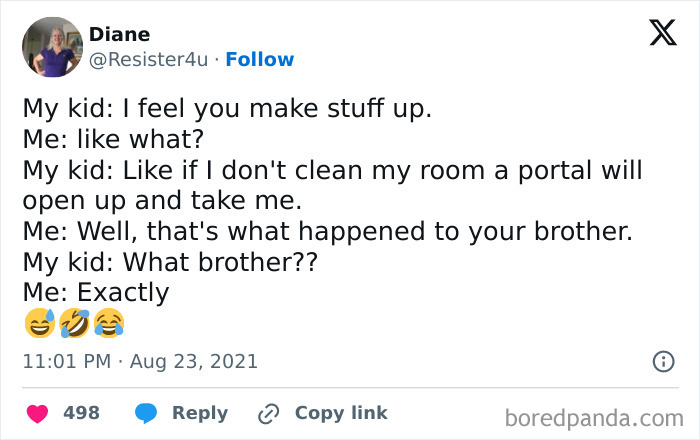 Screenshot of a funny dad joke tweet about kids and cleaning rooms from a popular Facebook dad joke group.
