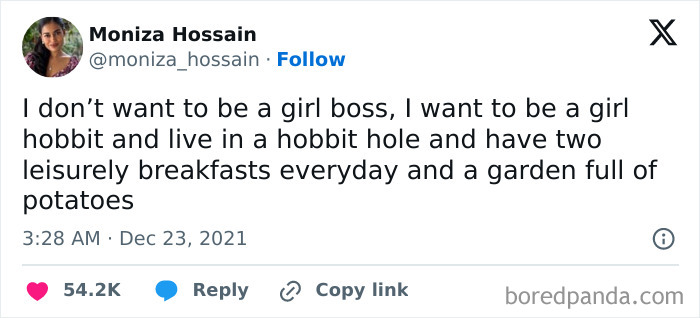 Tweet by Moniza Hossain humorously rejecting the girl boss label, reflecting feminist posts that call out the patriarchy.