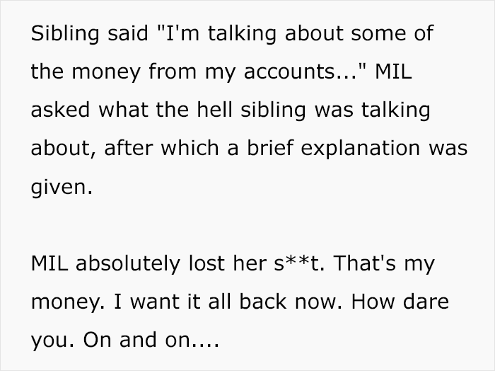 Text excerpt showing greedy mom freaking out over inheritance plans, MIL demanding money Text excerpt showing greedy mom freaking out over inheritance plans, MIL demanding money