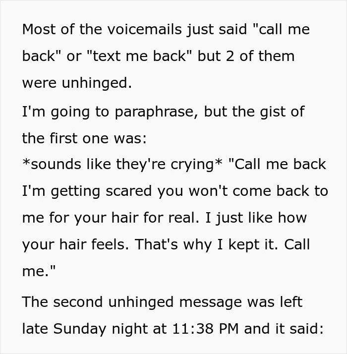 Text excerpt describing a woman receiving unhinged voicemails from her hair stylist after finding a weird shrine for her hair.