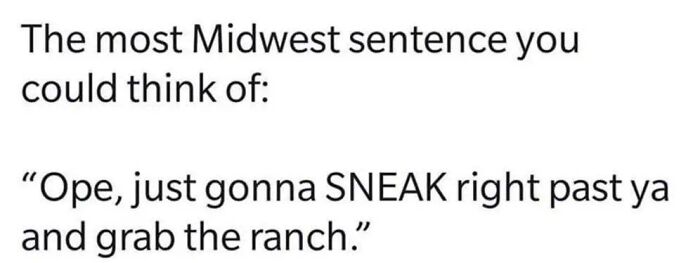 Text meme illustrating a spot-on Midwest life sentence about sneaking past and grabbing the ranch, highlighting Midwest humor.