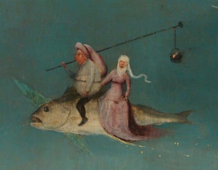 Medieval painting of two figures riding a large fish, illustrating bizarre scenes for meme captions and punchlines.