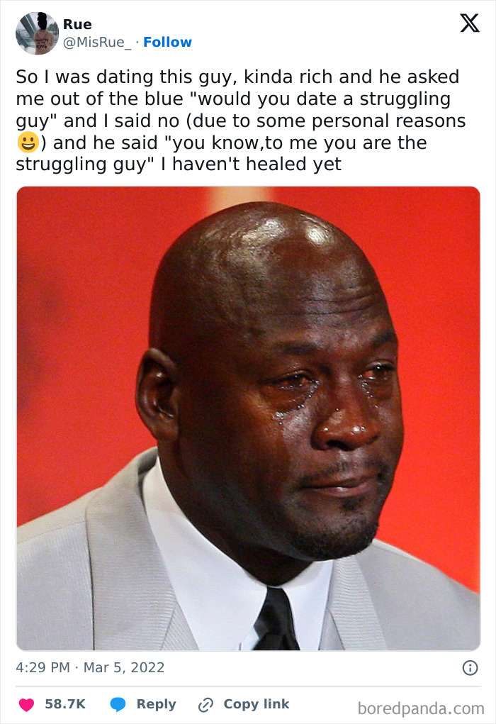 Couple under umbrella with a funny screenshot about dating and struggling guy to distract you from responsibilities.