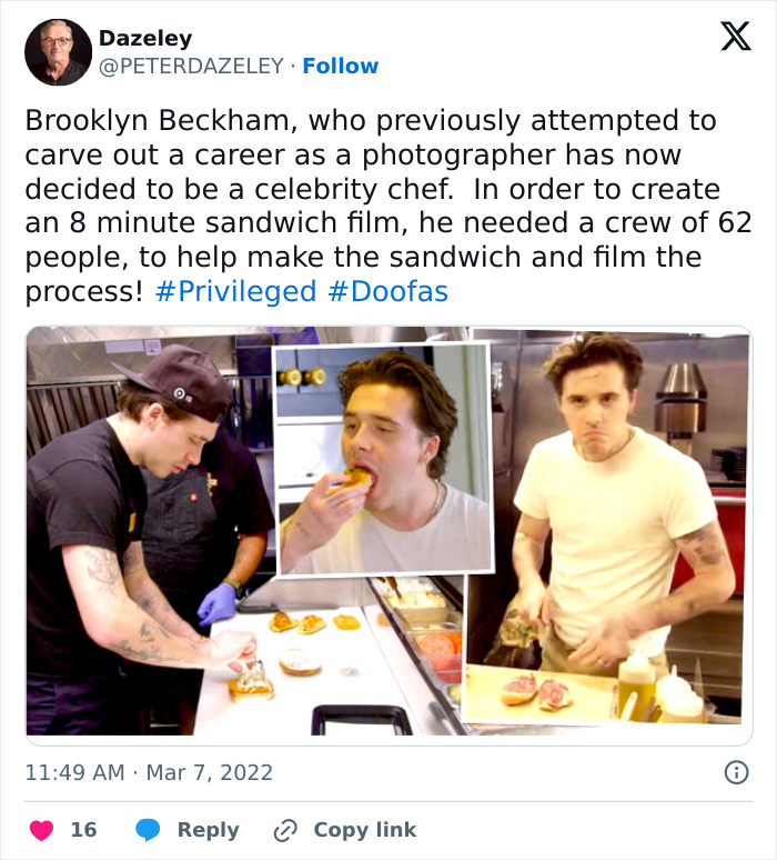 Brooklyn Beckham preparing and tasting a sandwich in a kitchen, labeled self-proclaimed chef in a breakfast video roast.