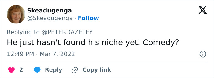Tweet from user Skeadugenga replying to Peter Dazeley, commenting on finding a niche with a humorous tone about comedy.