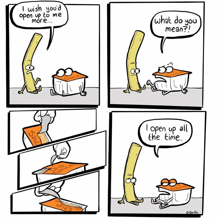 Comic artist creates dark, absurd punchlines with cute setups in a four-panel cartoon featuring animated sauce packet and fry.