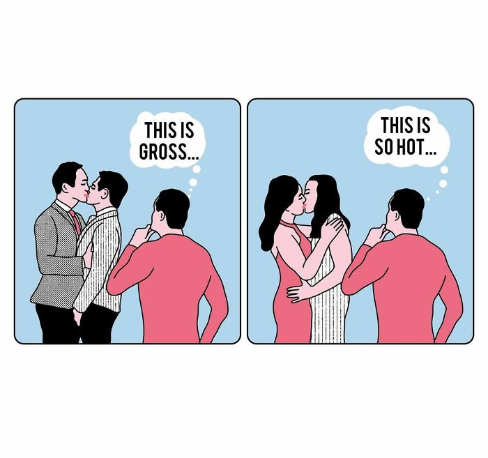 Studio Stoutpoep illustrations: two-panel comic of a man judging same-s*x kisses, thinking This is gross vs This is so hot