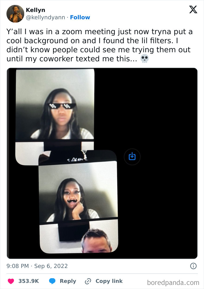 Screenshot of hilarious Zoom meeting with funny filters, showing people laughing and using playful virtual accessories.