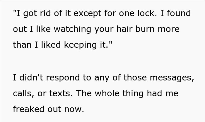 Text excerpt showing a woman describing her hair stylist and feeling freaked out after finding a weird shrine for her hair.