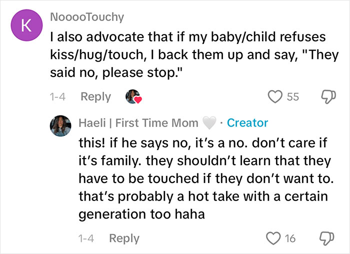 Comments discussing a woman’s gentle reminder for grandma to not kiss her baby and respecting the baby's boundaries. Comments discussing a woman’s gentle reminder for grandma to not kiss her baby and respecting the baby's boundaries.