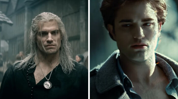 Split image of two fantasy heroes - a silver-haired monster hunter and a pale brooding vampire, Would You Rather choices