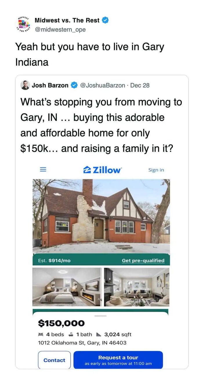 Tweet about Midwest life humor with affordable home listing in Gary, Indiana, highlighting Midwest life and corn cravings.