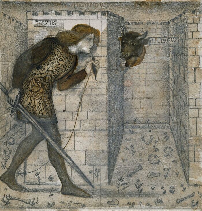 Medieval painting of Theseus facing the Minotaur in a labyrinth, perfect for meme captions and punchlines.