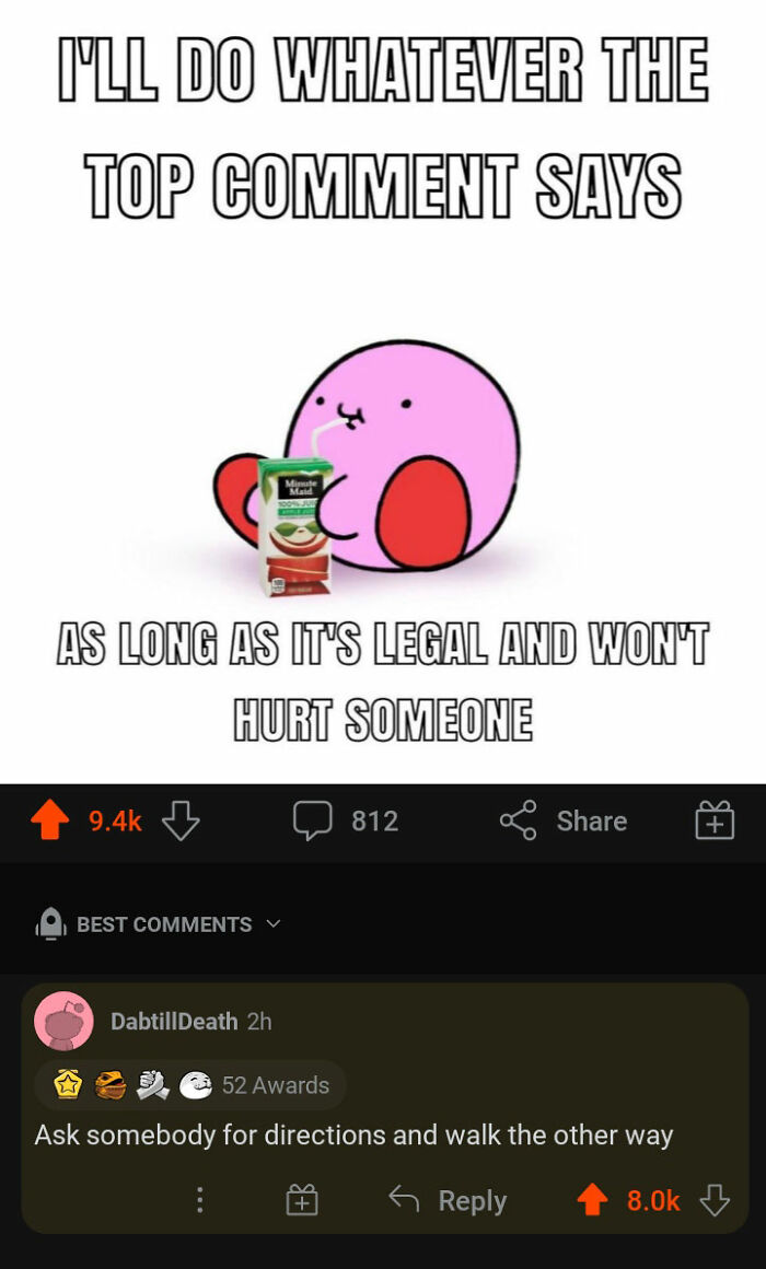 Humorous social media comeback featuring a pink character drinking juice with a popular comment below it.