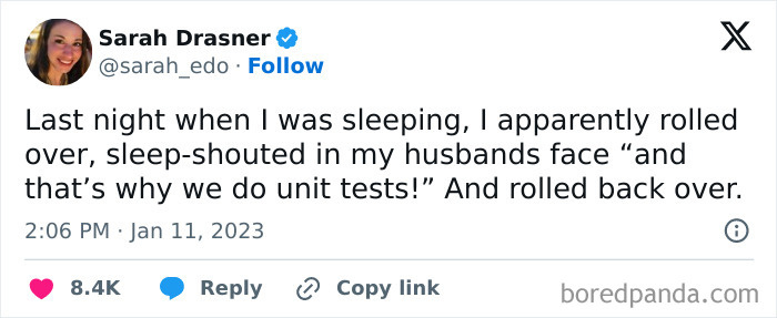 Tweet screenshot showing a woman sharing a funny sleep-talking moment with humorous sleep quotes people say in their sleep.