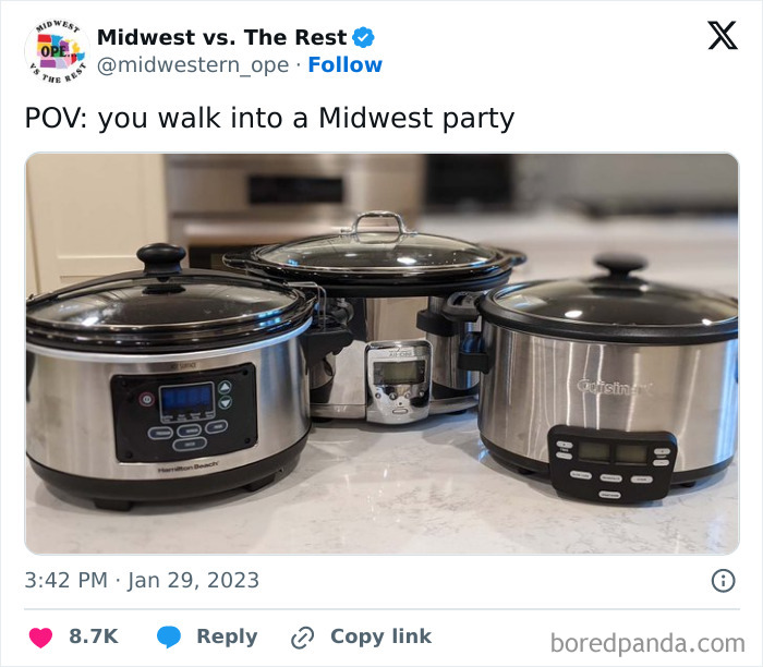 Three slow cookers on a kitchen counter, illustrating spot-on memes about Midwest life and simple party food.