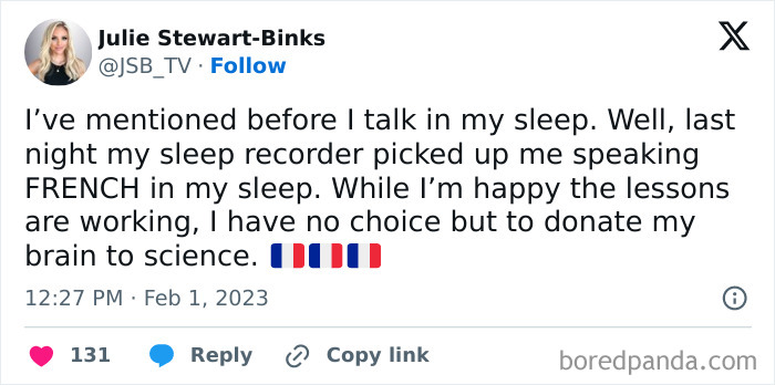Tweet about talking in sleep and funny things people say in their sleep, mentioning sleep recorder capturing sleep talk.