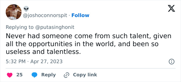 Tweet criticizing self-proclaimed chef Brooklyn Beckham’s breakfast video, calling it talentless amid family feud. Tweet criticizing self-proclaimed chef Brooklyn Beckham’s breakfast video, calling it talentless amid family feud.