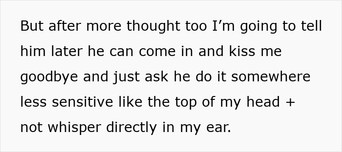 Text excerpt describing a girlfriend annoyed by her man's lovey-dovey morning kisses and I love yous.