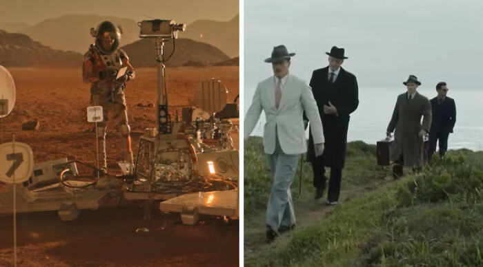 Astronaut with rover on Mars next to four men in suits walking a coastal path — Would You Rather choices scene