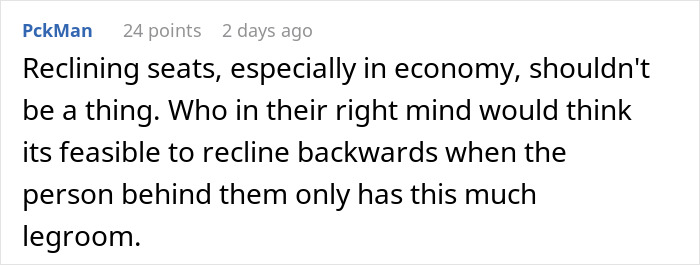 Reddit comment complaining about reclining seats and cramped legroom in economy, showing sardine can seating. Reddit comment complaining about reclining seats and cramped legroom in economy, showing sardine can seating.