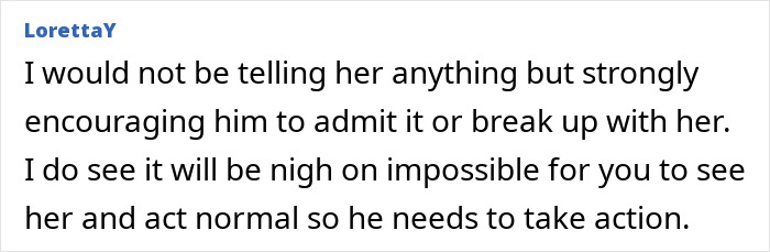 Screenshot of an online comment discussing a mom shocked by her son cheating on his girlfriend and threats to tell her. Screenshot of an online comment discussing a mom shocked by her son cheating on his girlfriend and threats to tell her.