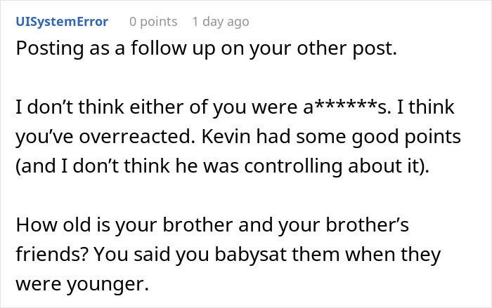 Screenshot of Reddit comment mentioning red flags, overreaction to Kevin, and asking how old the brother and friends are