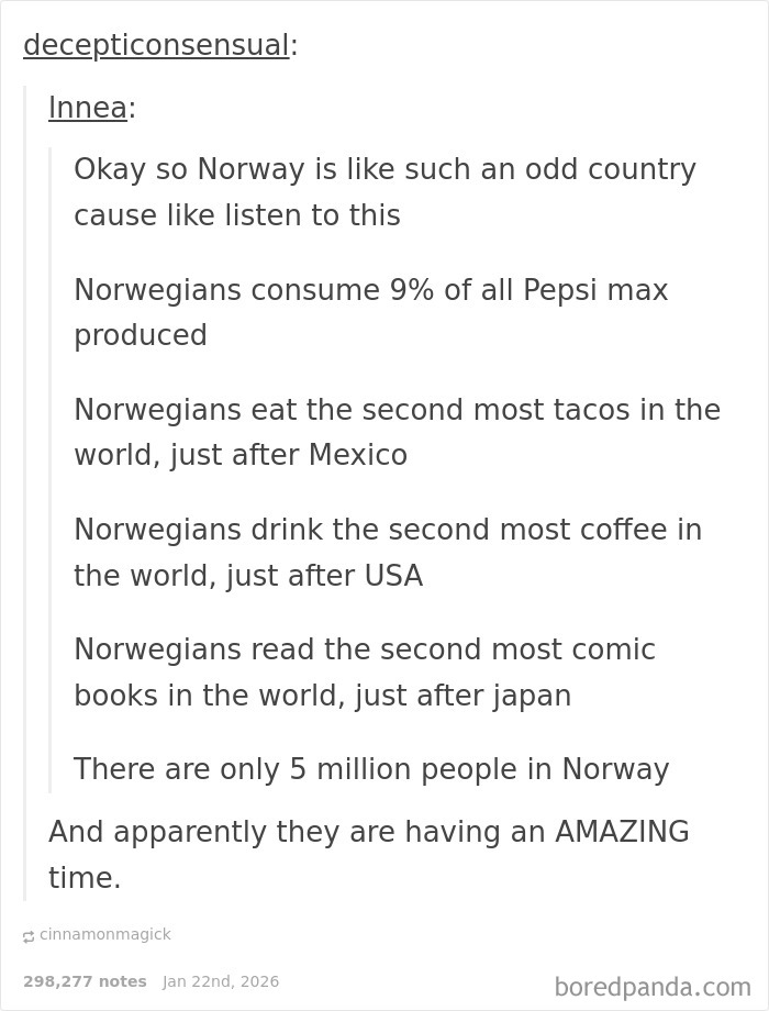 Funny screenshot about Norwegians' unusual habits including Pepsi max, tacos, coffee, and comic books consumption.