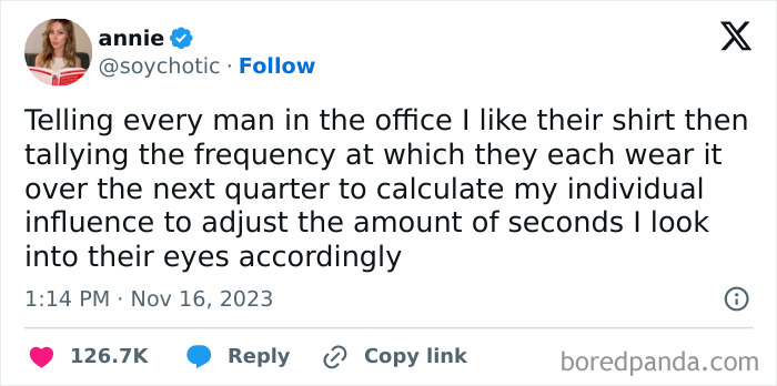 Twitter post joking about social behavior and eye contact frequency, a funny and relatable therapy meme about social cues.