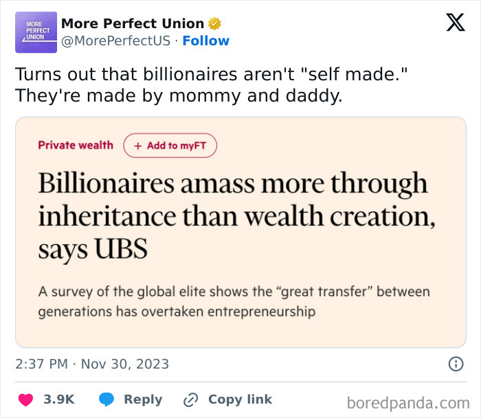 More Perfect Union tweet with FT headline about billionaires inheriting wealth, aged like wine