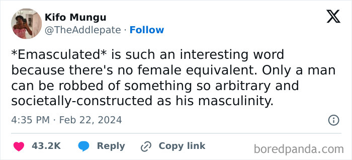 Feminist post discussing the word emasculated and calling out patriarchy’s impact on masculinity and gender roles.