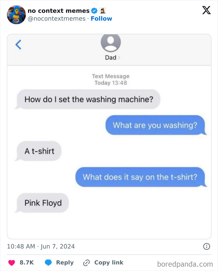 Text message conversation showcasing hilarious texts about setting a washing machine, highlighting people needed to screenshot funny texts.