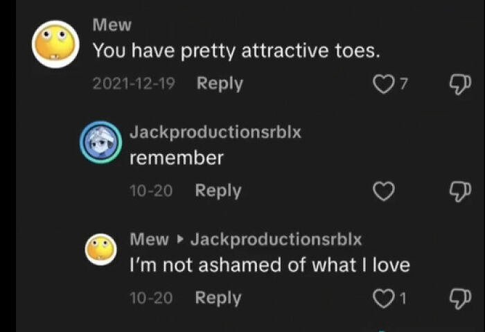 Screenshot of weird funny TikTok comments showing playful and unhinged conversation about attractive toes and loving what they like.