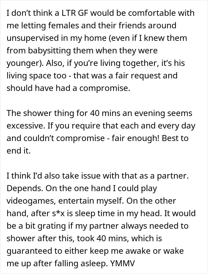 Screenshot of text comments about relationship issues and red flags like long showers, boundaries, and cohabitation.