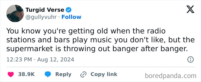 Tweet about feeling old when music preferences differ between bars and supermarkets, highlighting nostalgia and feeling old as heck.