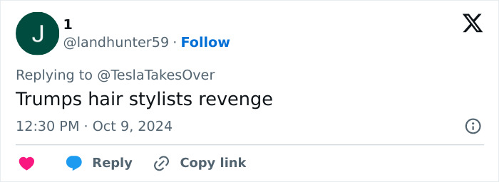Tweet text saying Trumps hair stylists revenge in a simple white and blue social media interface with user handle and timestamp. Tweet text saying Trumps hair stylists revenge in a simple white and blue social media interface with user handle and timestamp.