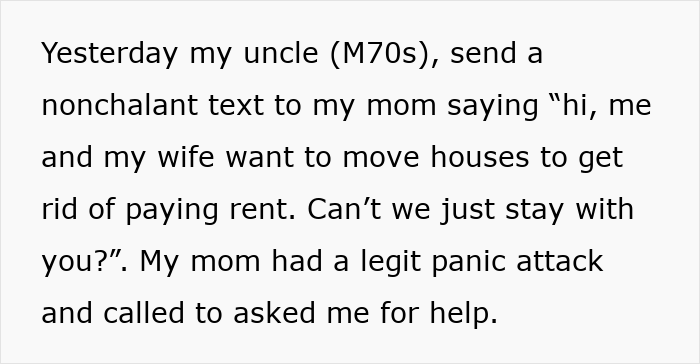 Text of a message from an entitled uncle expecting niece to be his retirement plan, causing family tension. Text of a message from an entitled uncle expecting niece to be his retirement plan, causing family tension.