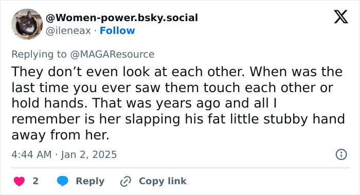 Tweet discussing Melania Trump's body language, noting lack of physical contact and prompting public theories about their interaction. Tweet discussing Melania Trump's body language, noting lack of physical contact and prompting public theories about their interaction.