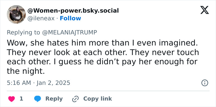 Screenshot of a social media comment discussing Melania Trump's body language at Mar-a-Lago New Year's Eve event sparking theories. Screenshot of a social media comment discussing Melania Trump's body language at Mar-a-Lago New Year's Eve event sparking theories.