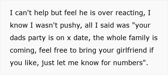 Text showing a mom inviting her son's girlfriend to dad&rsquo;s party and his surprised reaction to the invitation.