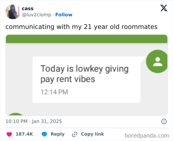 Screenshot of a hilarious text message about pay rent vibes shared by people needed to screenshot funny texts for laughter.