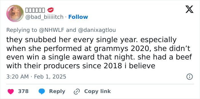 Screenshot of a tweet about Grammy snubs, highlighting fan reactions and ongoing frustration with award outcomes. Screenshot of a tweet about Grammy snubs, highlighting fan reactions and ongoing frustration with award outcomes.